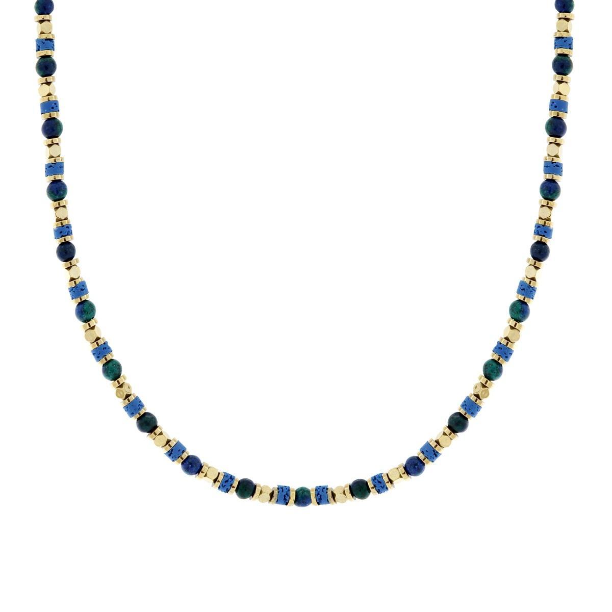 Collana Catena con Anelli Cubetti e Pietre Verde Malachite e Blu Lapislazzuli in ACCIAIO<BR>