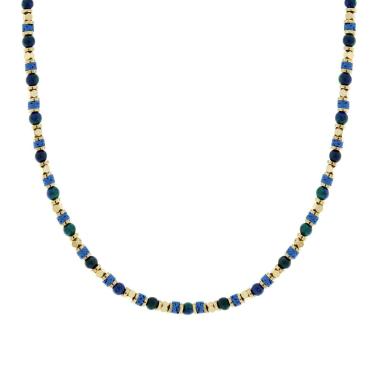 Collana Catena con Anelli Cubetti e Pietre Verde Malachite e Blu Lapislazzuli in ACCIAIO