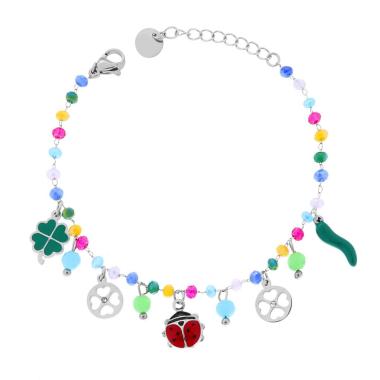 Bracciale Catena con Crystal Multicolor Pastello e Charms Portafortuna pendenti Smalto Multicolor in ACCIAIO<BR>