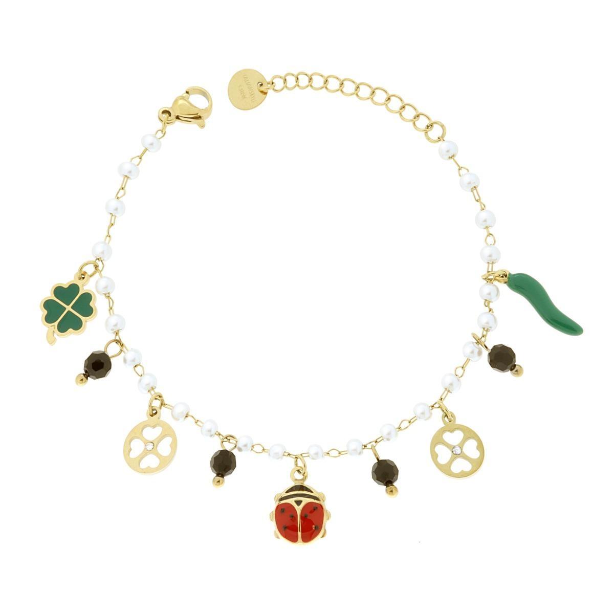 Bracciale Catena con Perle e Crystal Neri con Charms Portafortuna pendenti Smalto Multicolor in ACCIAIO colore Oro<BR>