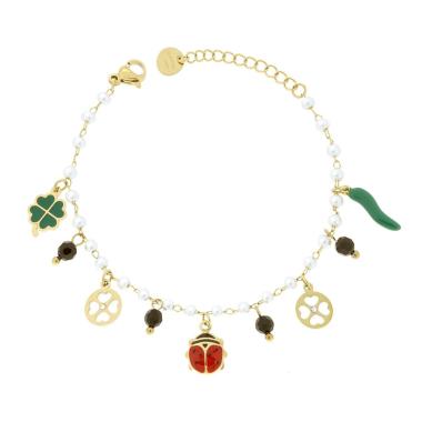 Bracciale Catena con Perle e Crystal Neri con Charms Portafortuna pendenti Smalto Multicolor in ACCIAIO colore Oro<BR>