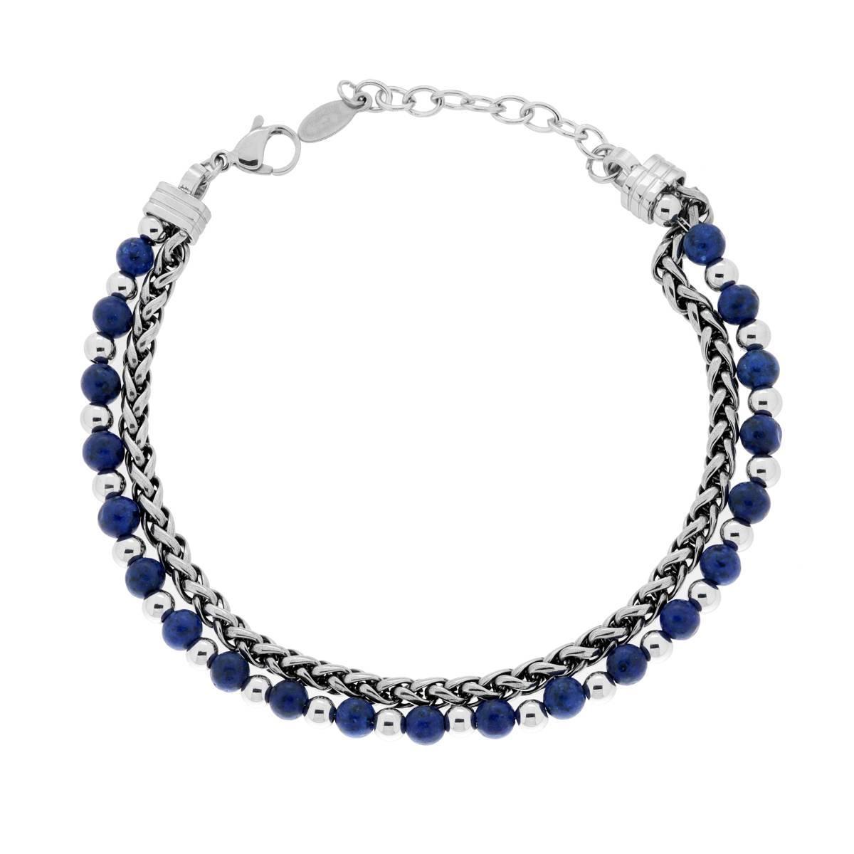 Bracciale due fili Catena Spiga e Palline aternate con Pietre colore Blu Lapislazzuli in ACCIAIO<BR>