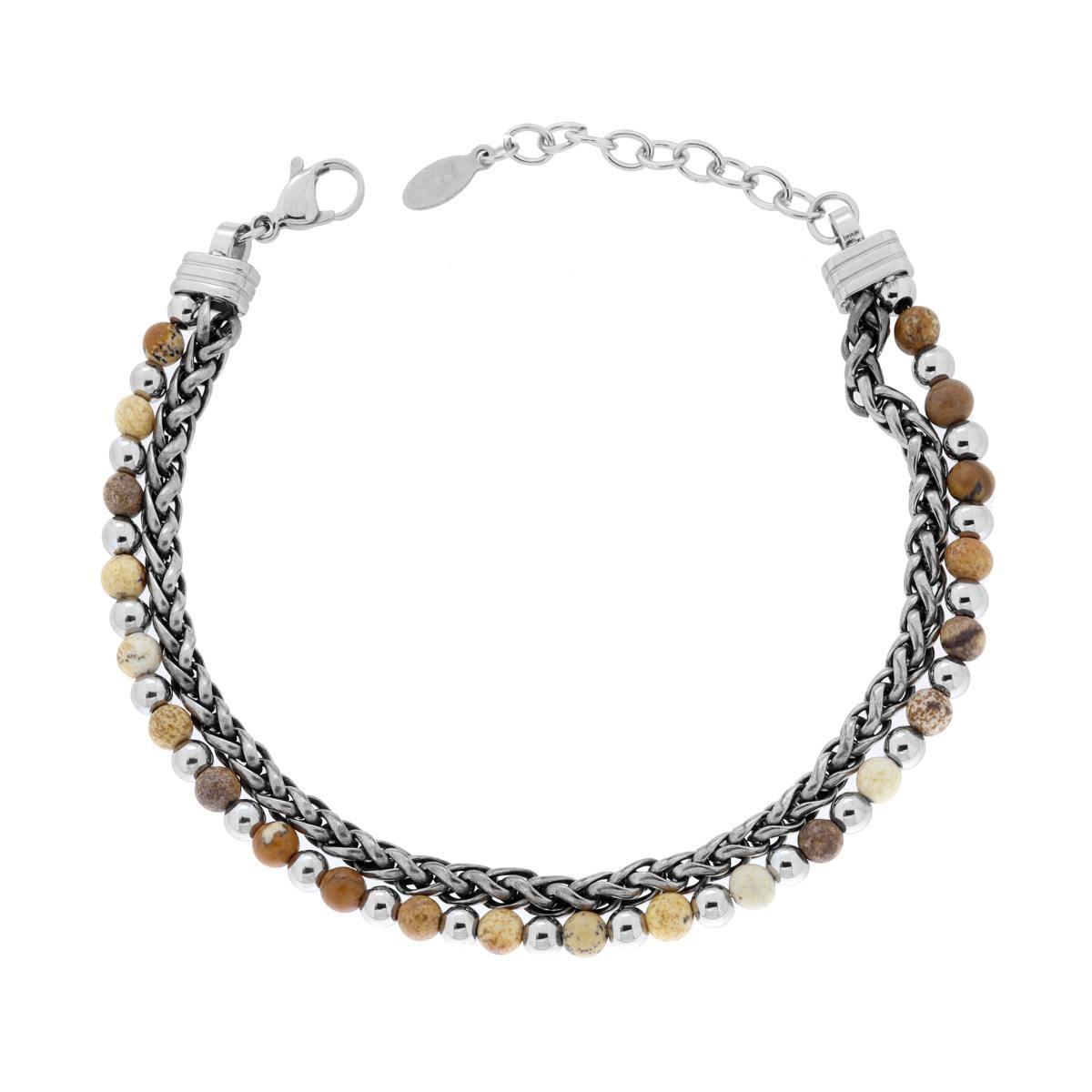 Bracciale due fili Catena Spiga e Palline aternate con Pietre colore Occhio di Tigre in ACCIAIO<BR>