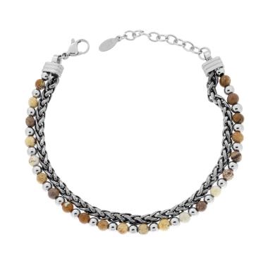 Bracciale due fili Catena Spiga e Palline aternate con Pietre colore Occhio di Tigre in ACCIAIO<BR>