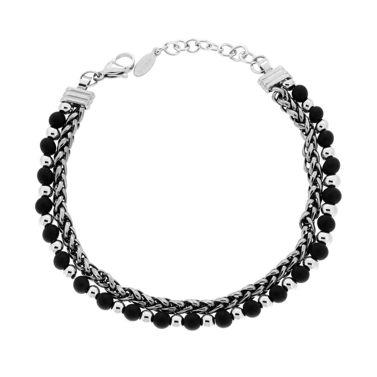 Bracciale due fili Catena Spiga e Palline aternate con Pietre colore Onice Nero in ACCIAIO<BR>