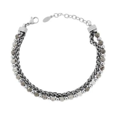 Bracciale due fili Catena Spiga e Palline aternate con Pietre colore Diaspro grigio in ACCIAIO<BR>