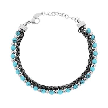 Bracciale due fili Catena Spiga e Palline aternate con Pietre colore Turchese in ACCIAIO<BR>