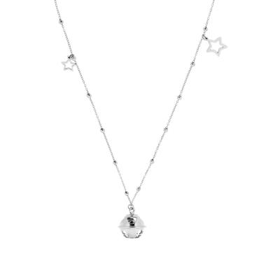 Collana Catena Forzatina Diamantata con Palline cm 90+5 con Chiama Angeli Traforato e Stelle pendenti in ACCIAIO <BR>