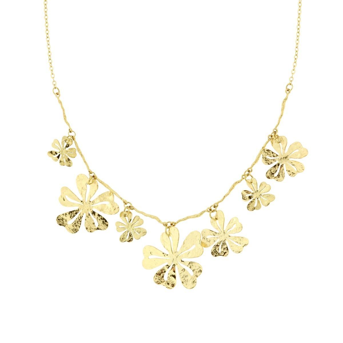 Collana Catena Forzatina e a forma di Rami con Fiori con Lavorazione Martellata in ACCIAIO colore Oro<BR>