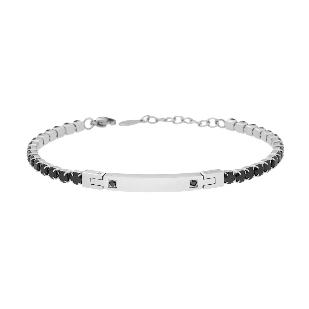 Bracciale Tennis con Targa e Crystal Neri in ACCIAIO<BR>