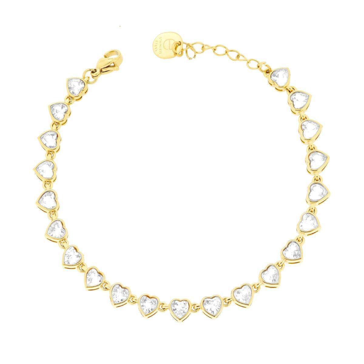 Bracciale Tennis Cuore con Crystal Bianchi in ACCIAIO colore Oro<BR>