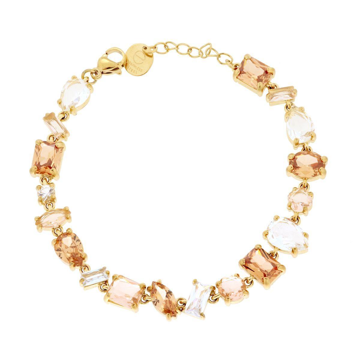 Bracciale Tennis con Crystal Multitaglio toni Rosa Cipria in ACCIAIO<BR> colore Oro