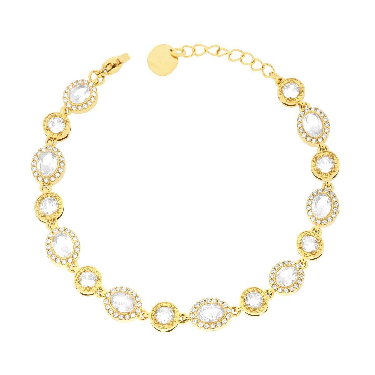 Bracciale Tennis Tondi e Ovali contornati da Crystal Bianchi in ACCIAIO colore Oro<BR>