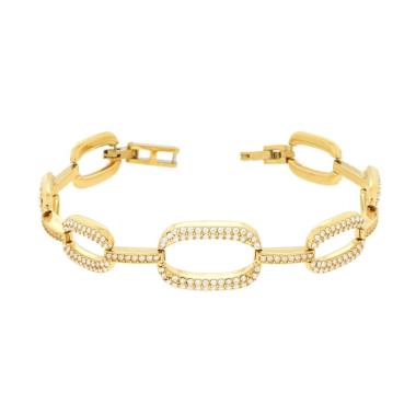 Bracciale Catena con Ovali e Crystal Bianchi in ACCIAIO colore Oro<BR>