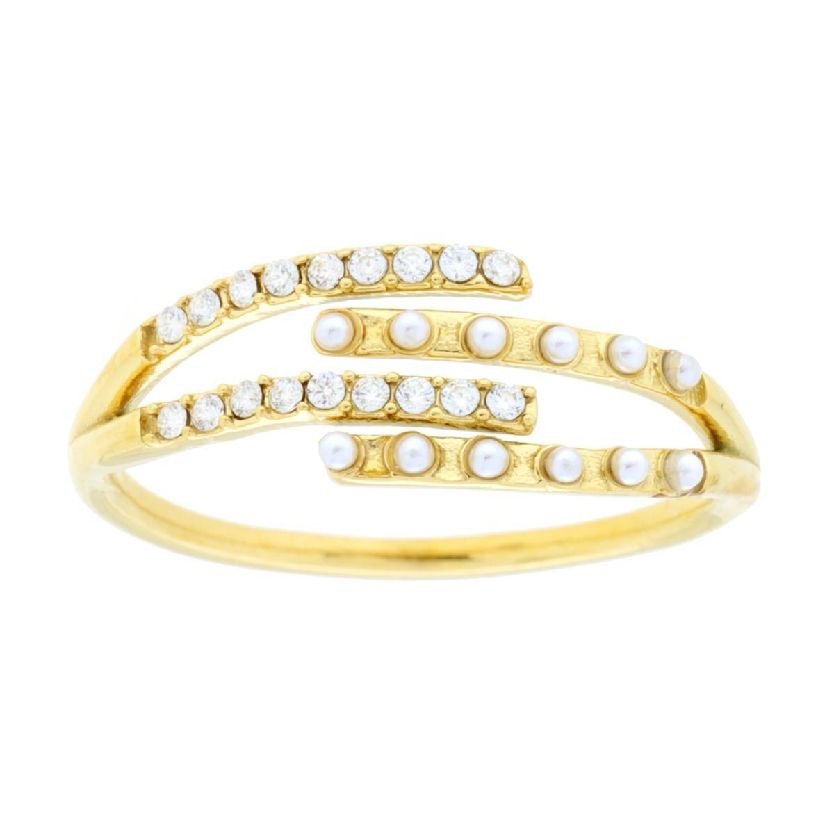 Anello Contrarie con Perle e Crystal Bianchi in ACCIAIO colore Oro<BR>