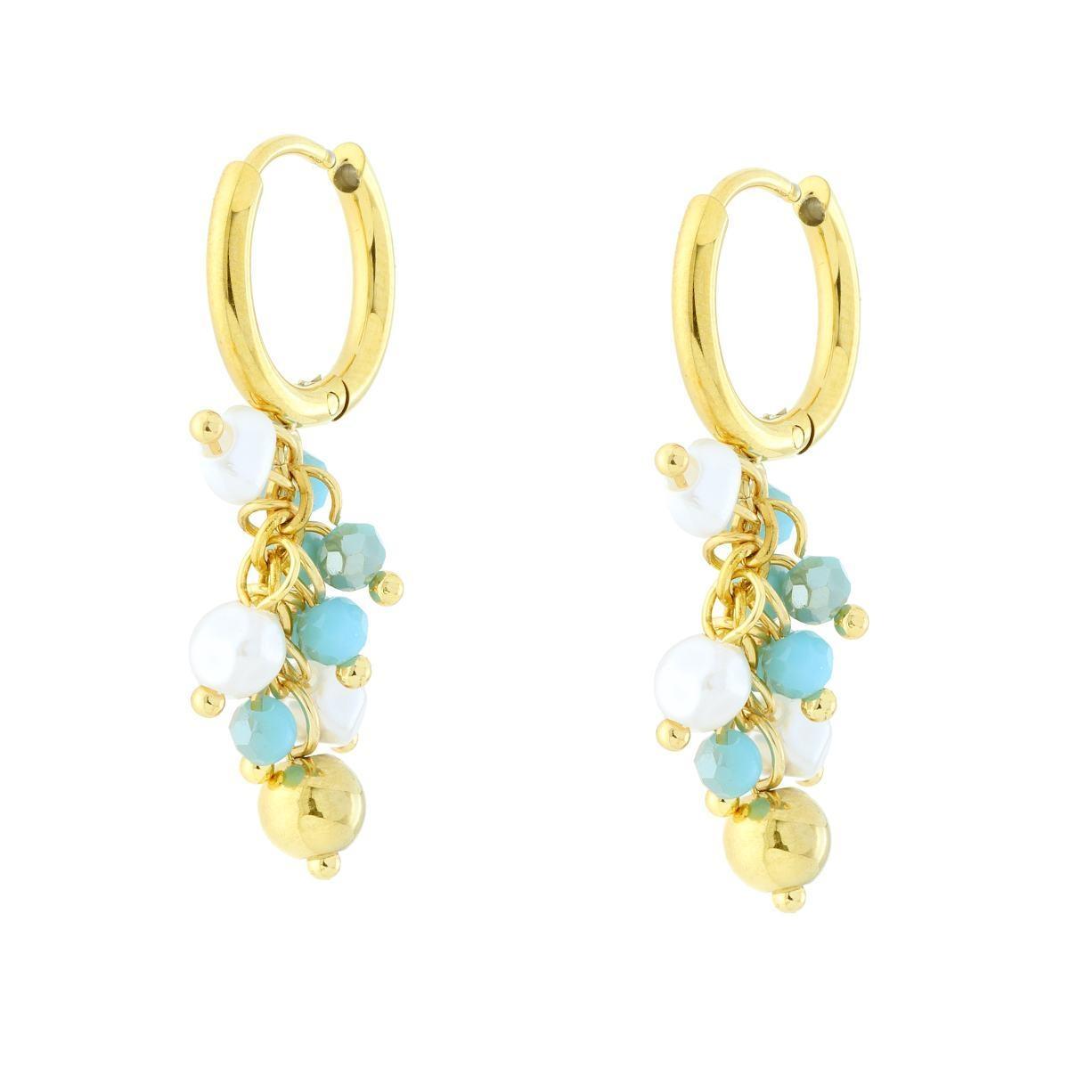 Orecchini Cerchio con moltitudine di Perle e Crystal Turchese pendenti in ACCIAIO colore Oro<BR>