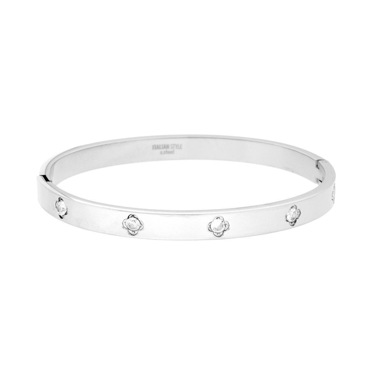 Bracciale Rigido modello Schiava con Fiori Crystal Bianchi mm 6 in ACCIAIO<BR>