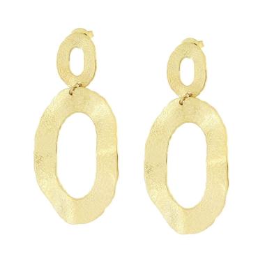 Orecchini con Piastre Ovali Irregolari Diamantate in ACCIAIO color Oro<BR>