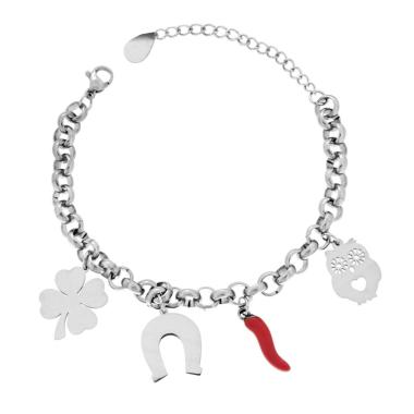 Bracciale Catena Rolo con Charms Portafortuna e Corno Smalto Rosso pendenti in ACCIAIO<BR>