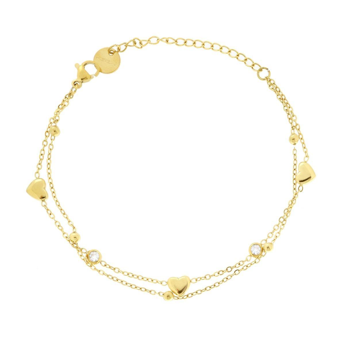 Bracciale due fili Catena Forzatina Diamantata con Cuori Bombati e Crystal Bianchi in ACCIAIO colore Oro<BR>