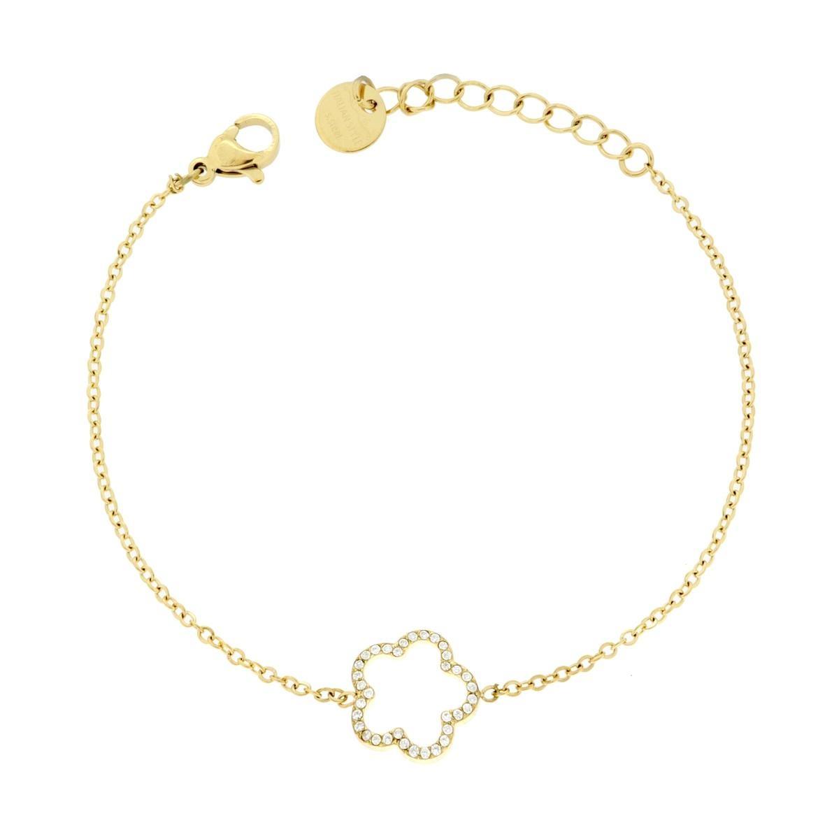 Bracciale Catena Forzatina Diamantata con Fiore e Crystal Bianchi in ACCIAIO colore Oro<BR>