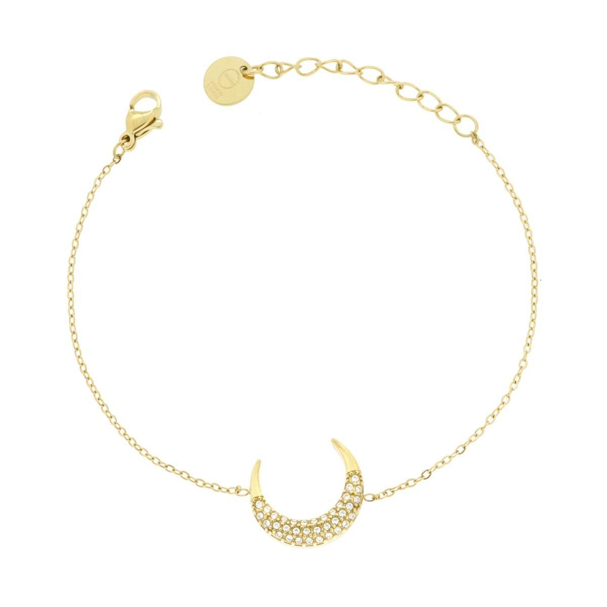 Bracciale Catena Forzatina Diamantata con Luna e Crystal Bianchi in ACCIAIO colore Oro<BR>