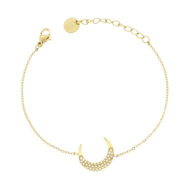 Bracciale Catena Forzatina Diamantata con Luna e Crystal Bianchi in ACCIAIO colore Oro<BR>