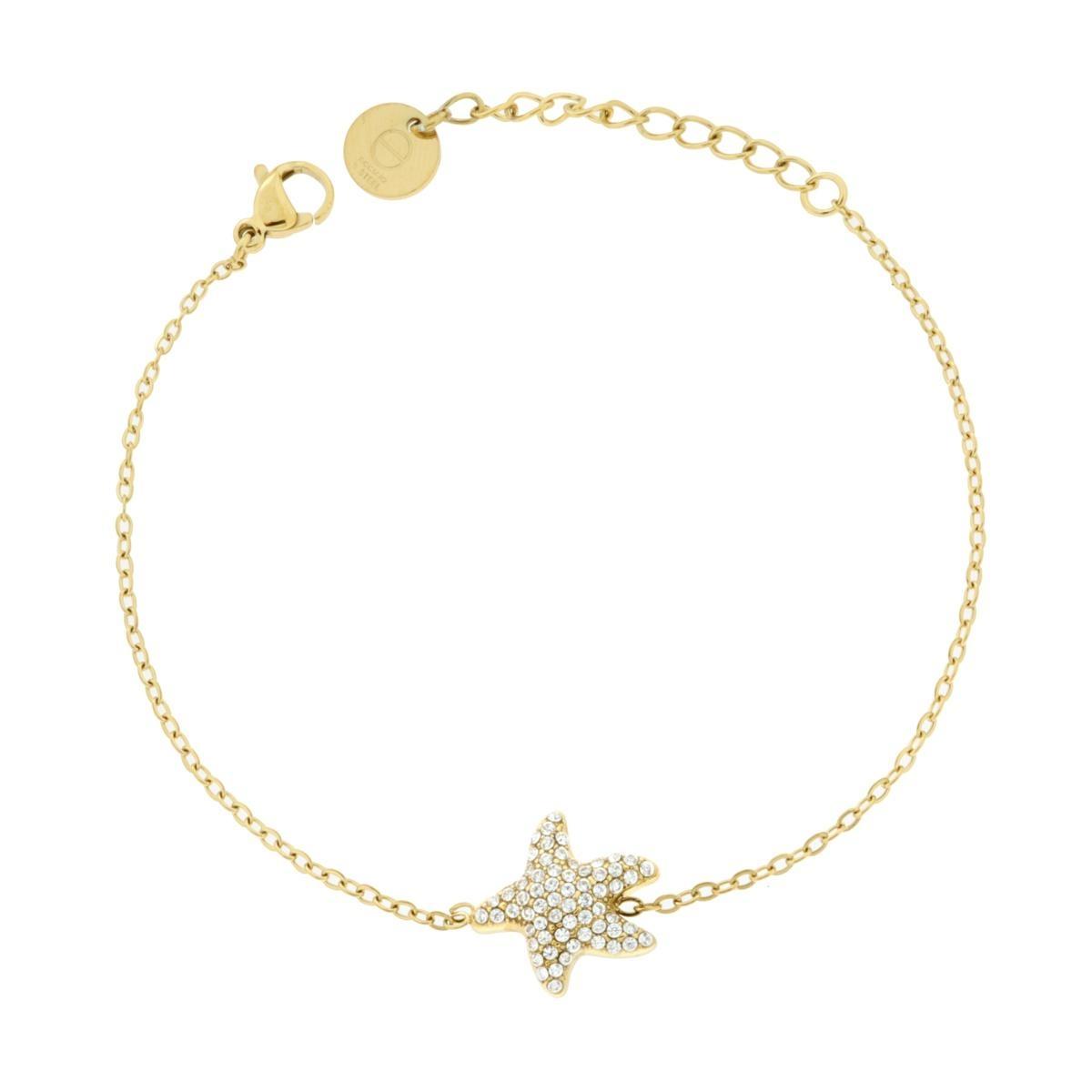 Bracciale Catena Forzatina Diamantata con Stella Marina e Crystal Bianchi in ACCIAIO colore Oro<BR>