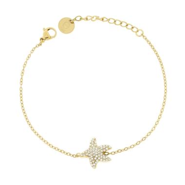 Bracciale Catena Forzatina Diamantata con Stella Marina e Crystal Bianchi in ACCIAIO colore Oro<BR>
