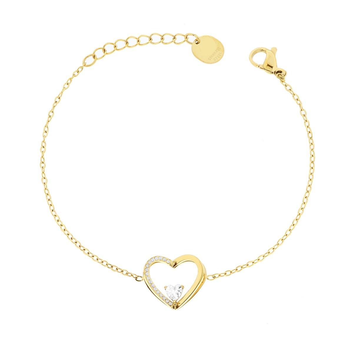 Bracciale Catena Forzatina Diamantata con doppio Cuore e Crystal Bianchi in ACCIAIO colore Oro<BR>