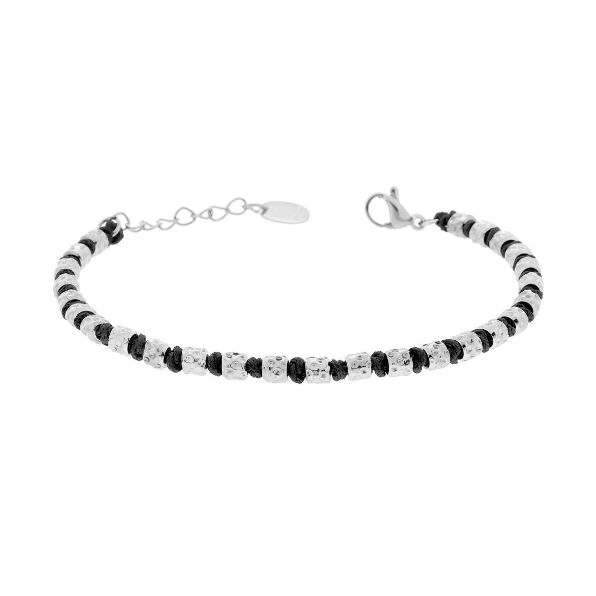 Bracciale Catena di Cilindretti Martellati alternati a Nodi in Cotone Nero in ACCIAIO<BR>
