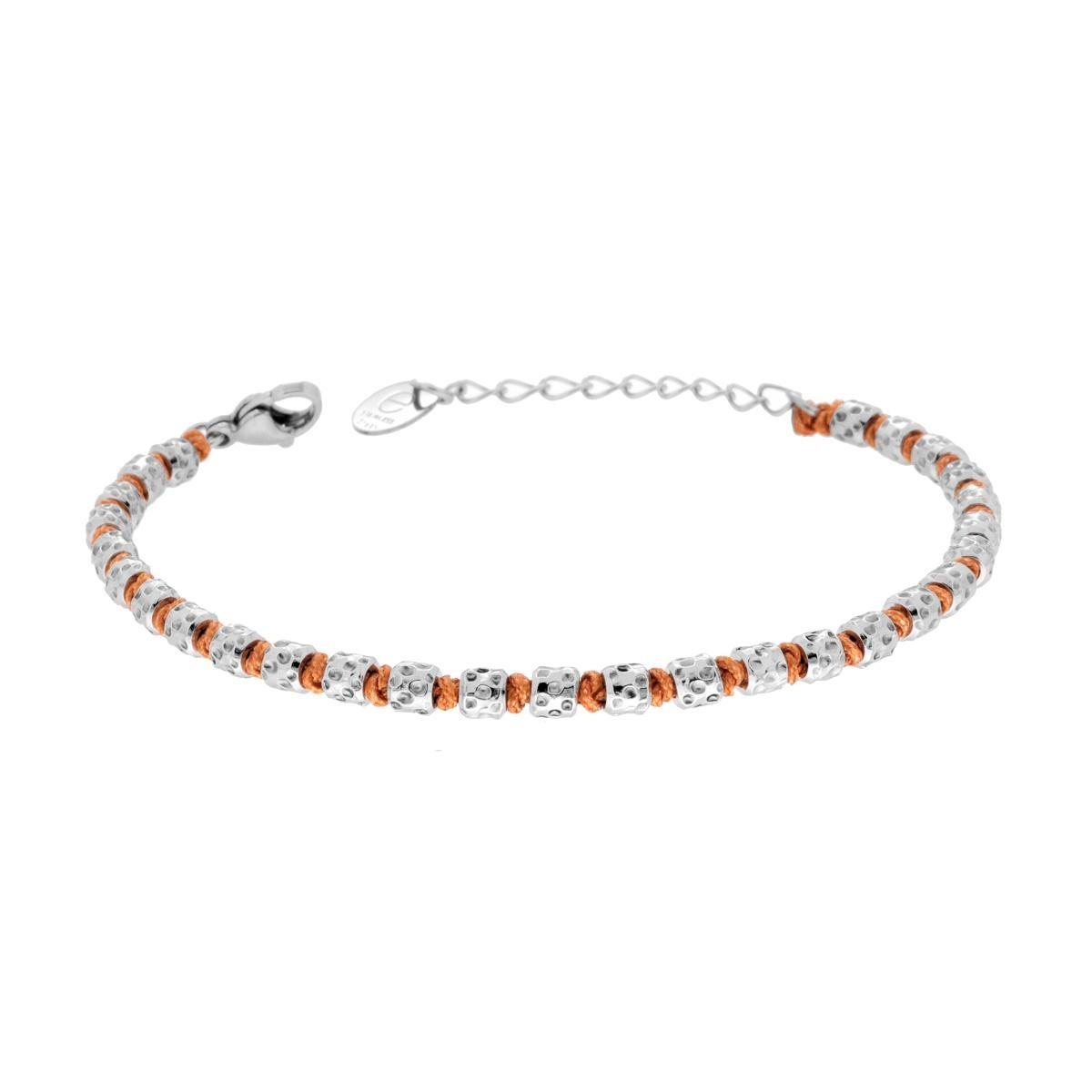 Bracciale Catena di Cilindretti Martellati alternati a Nodi in Cotone Arancione in ACCIAIO<BR>