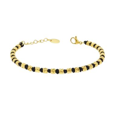 Bracciale Catena di Cilindretti Martellati alternati a Nodi in Cotone Nero in ACCIAIO colore Oro