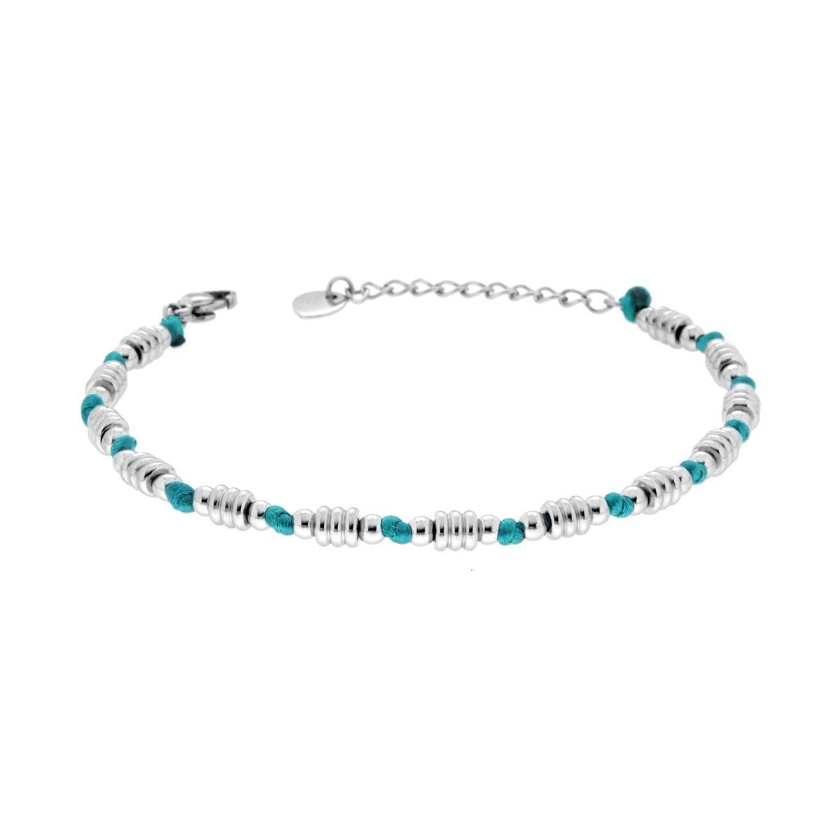 Bracciale Catena di Anelli e Palline alternate a Nodi in Cotone Turchese in ACCIAIO<BR>
