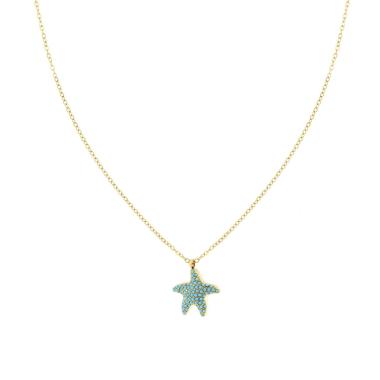 Collana Catena Forzatina Diamantata con Stella Marina e Crystal Turchese in ACCIAIO colore Oro<BR>