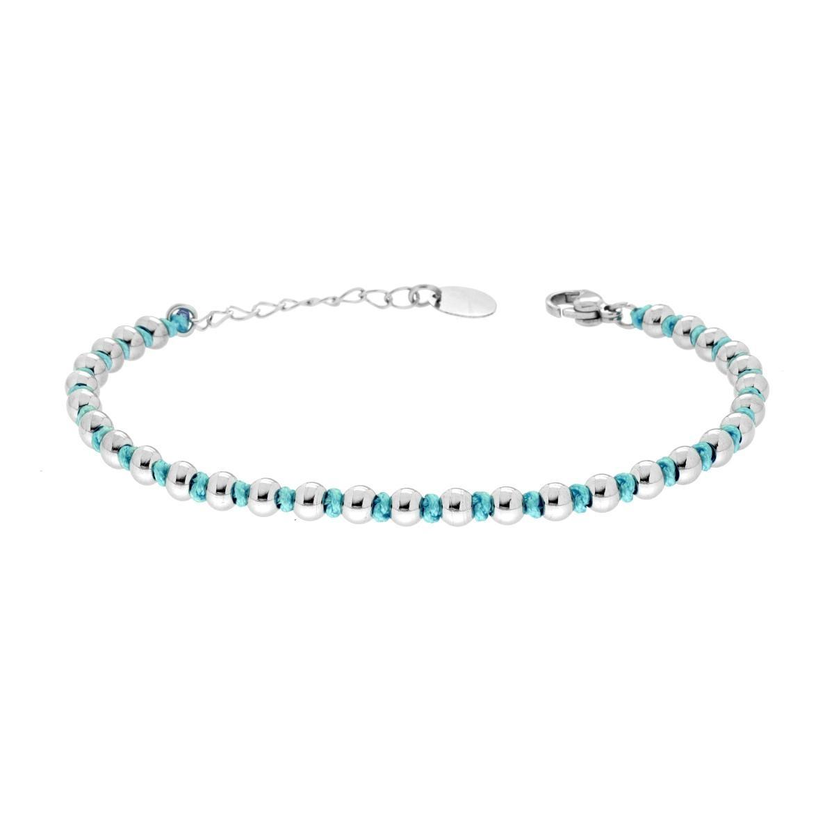Bracciale Catena con Palline alternate a Nodi in Cotone Azzurro in ACCIAIO<BR>