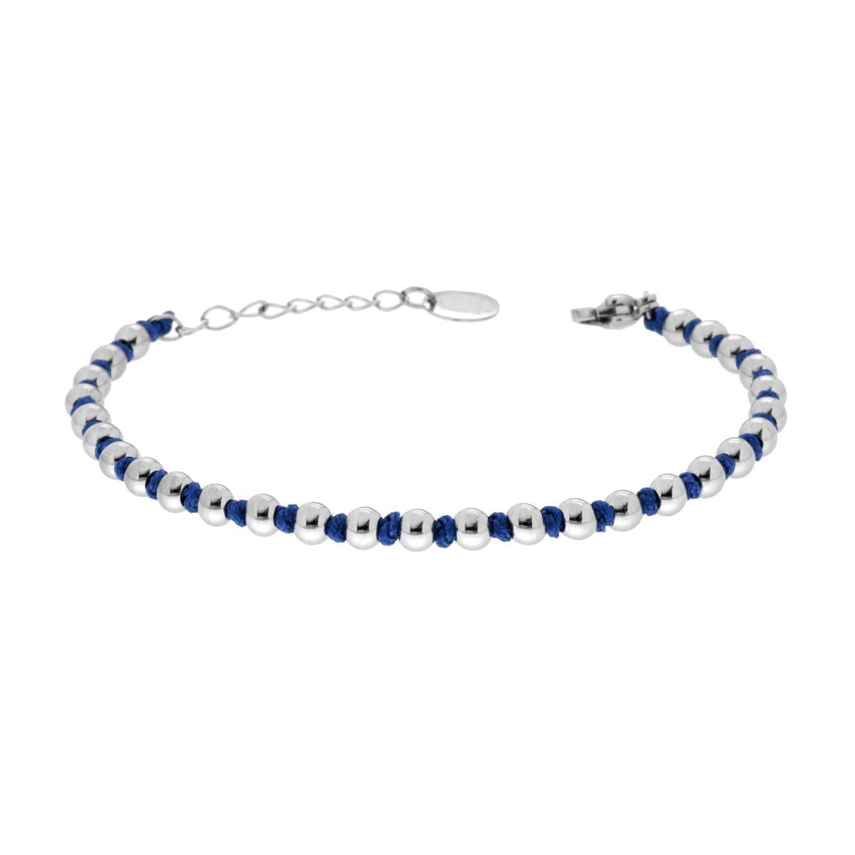 Bracciale Catena con Palline alternate a Nodi in Cotone Blu in ACCIAIO<BR>