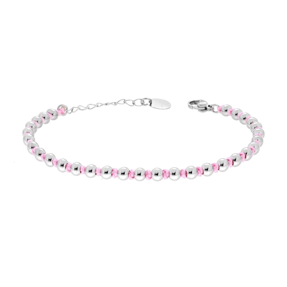 Bracciale Catena con Palline alternate a Nodi in Cotone Rosa in ACCIAIO<BR>