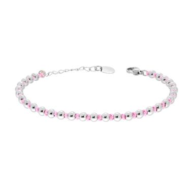 Bracciale Catena con Palline alternate a Nodi in Cotone Rosa in ACCIAIO