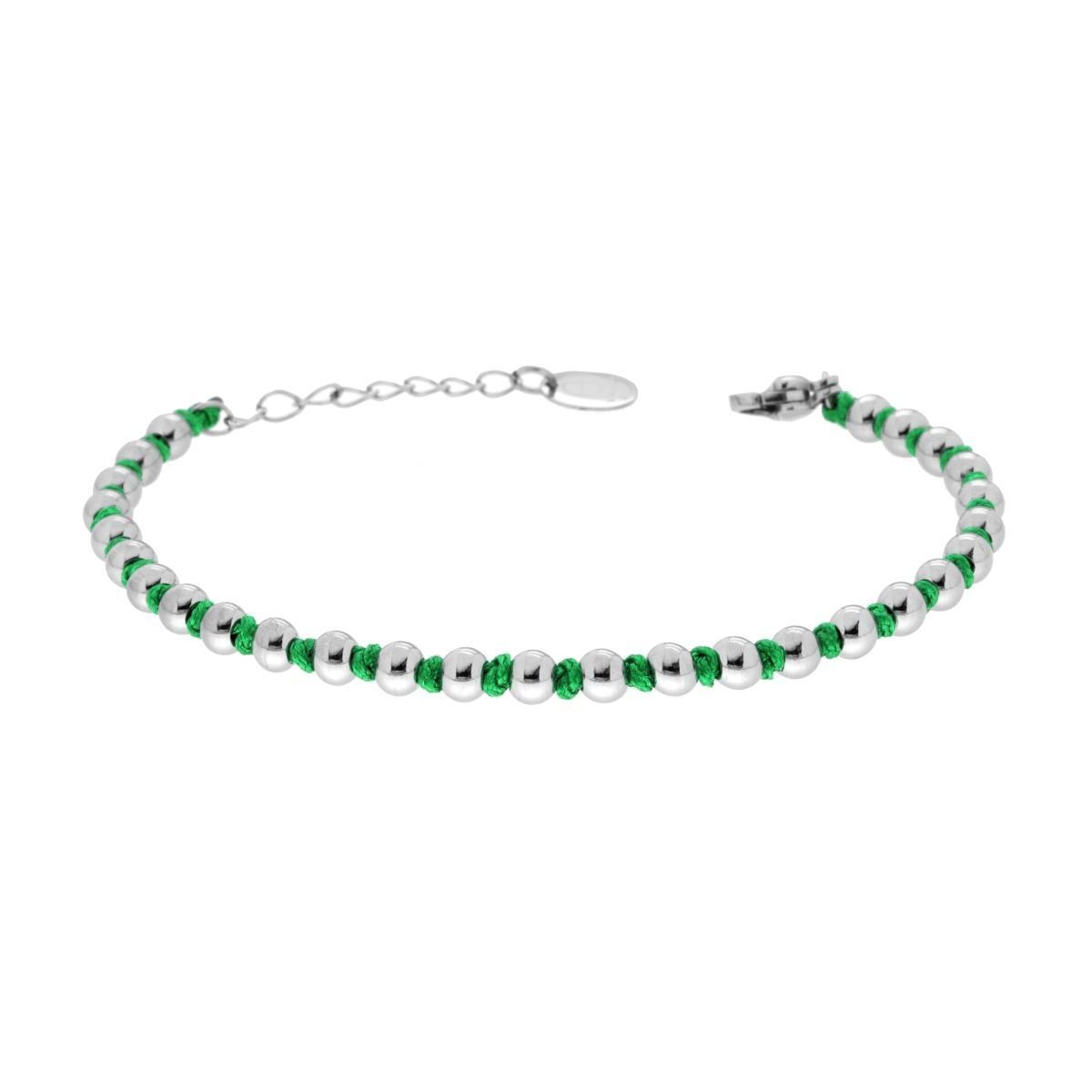 Bracciale Catena con Palline alternate a Nodi in Cotone Verde in ACCIAIO<BR>