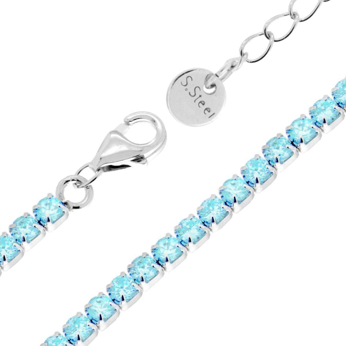 Bracciale Tennis Griffe cm 16+3 con Crystal mm 3 Acquamarina in ACCIAIO<BR>