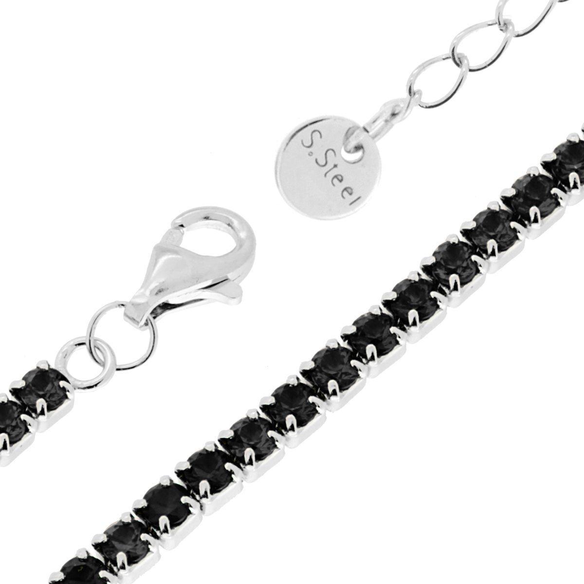 Bracciale Tennis Griffe cm 16+5 con Crystal mm 3 Nero in ACCIAIO<BR>