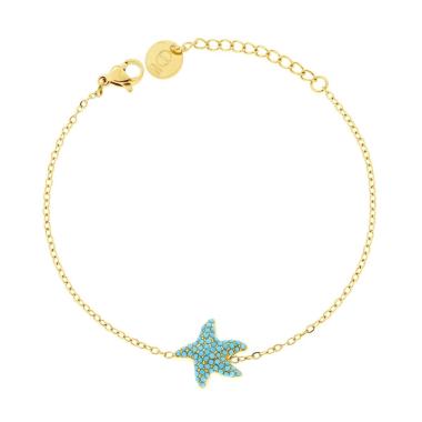 Bracciale Catena Forzatina Diamantata con Stella Marina e Crystal Turchese in ACCIAIO colore Oro<BR>