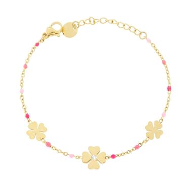 Bracciale Catena Forzatina Diamantata con Quadrifogli e Smalto Rosa in ACCIAIO colore Oro<BR>