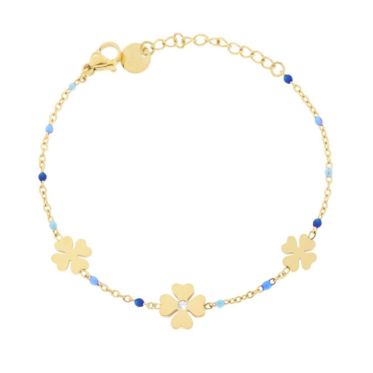 Bracciale Catena Forzatina Diamantata con Quadrifogli e Smalto Blu in ACCIAIO colore Oro<BR>