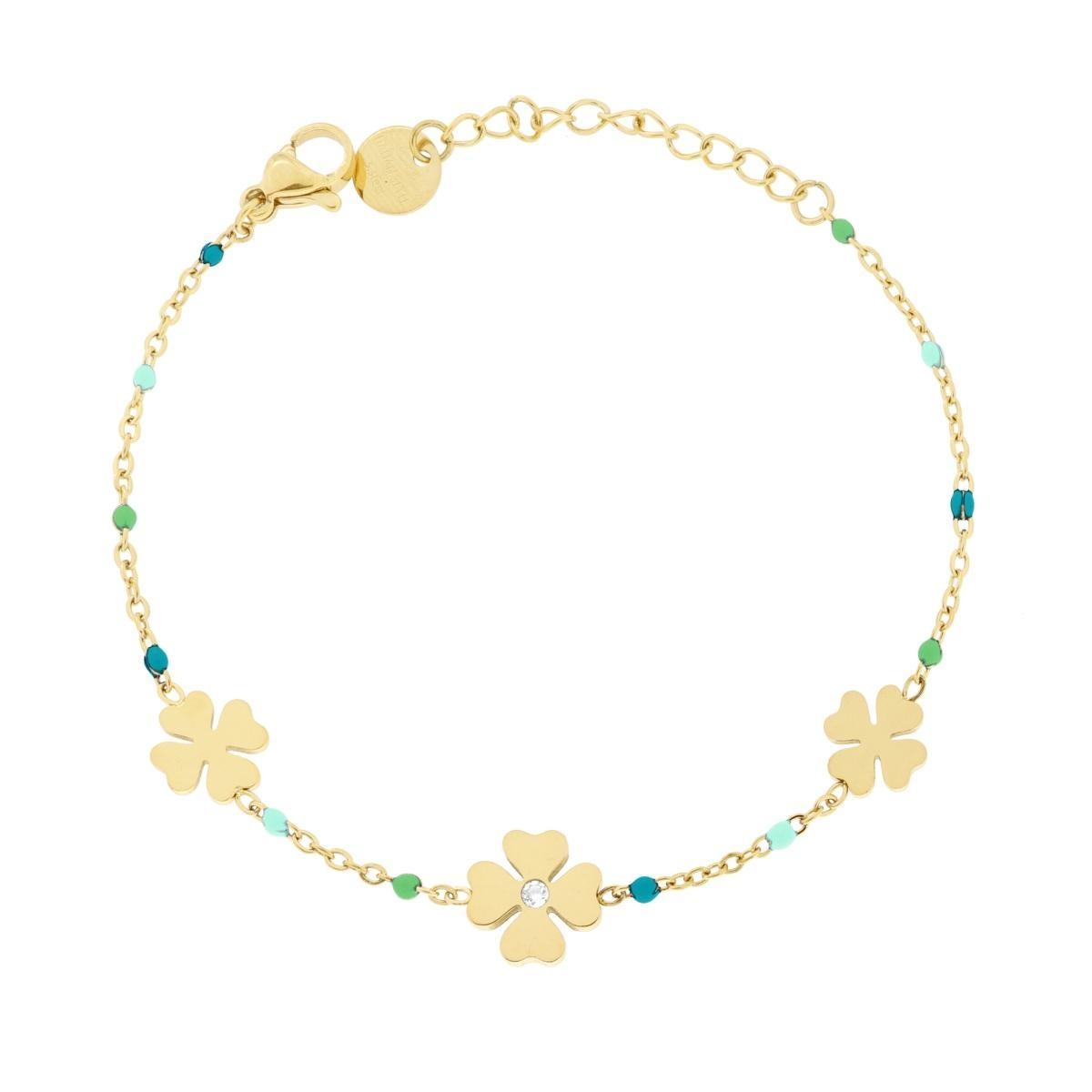 Bracciale Catena Forzatina Diamantata con Quadrifogli e Smalto Verde in ACCIAIO colore Oro<BR>