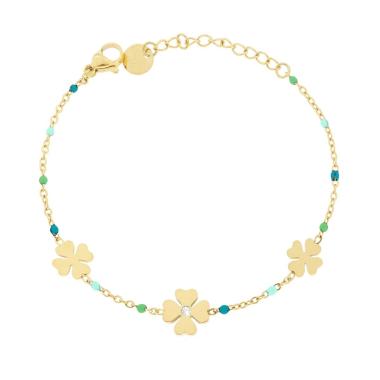 Bracciale Catena Forzatina Diamantata con Quadrifogli e Smalto Verde in ACCIAIO colore Oro<BR>