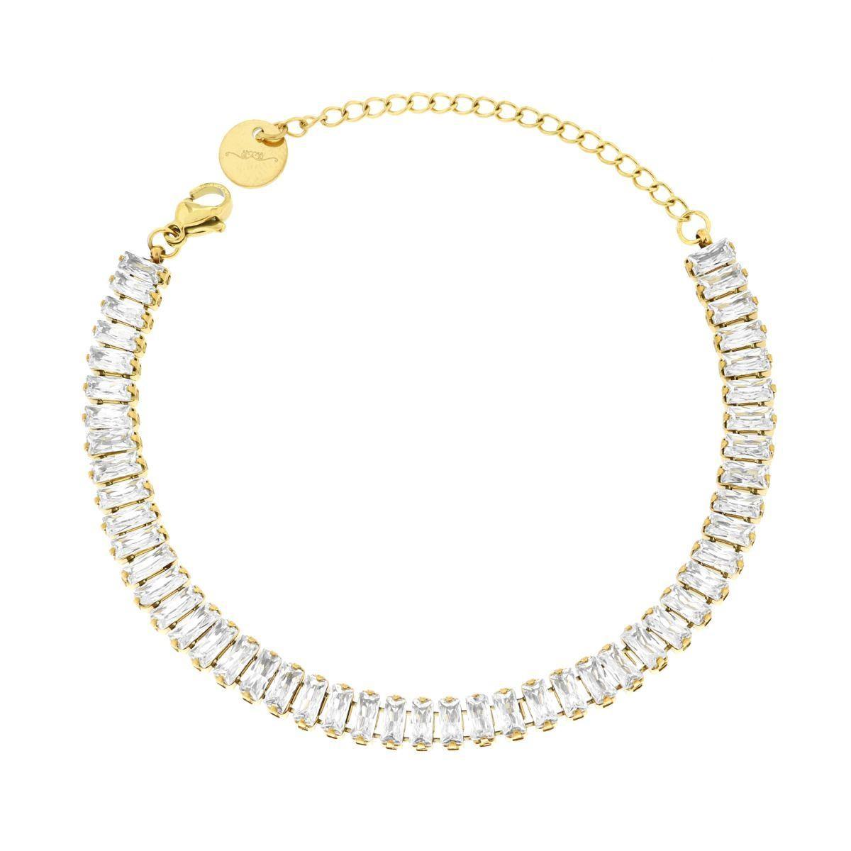 Bracciale Tennis con Crystal Bianchi Baguette in ACCIAIO colore Oro<BR>