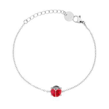 Bracciale Catena Forzatina Diamantata con Coccinella Smalto Rosso in ACCIAIO<BR>