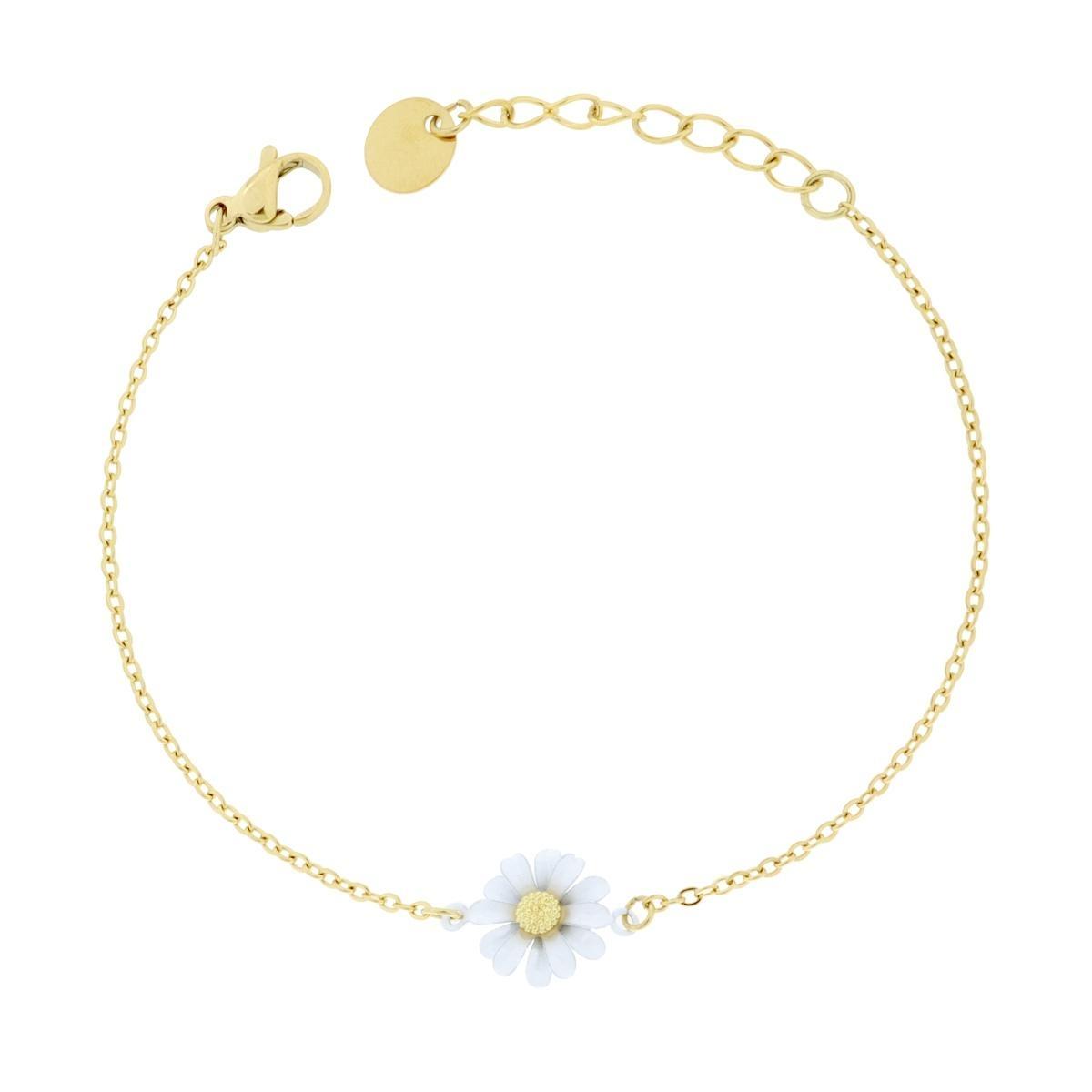 Bracciale Catena Forzatina Diamantata con Fiore Smalto Bianco in ACCIAIO colore Oro<BR>